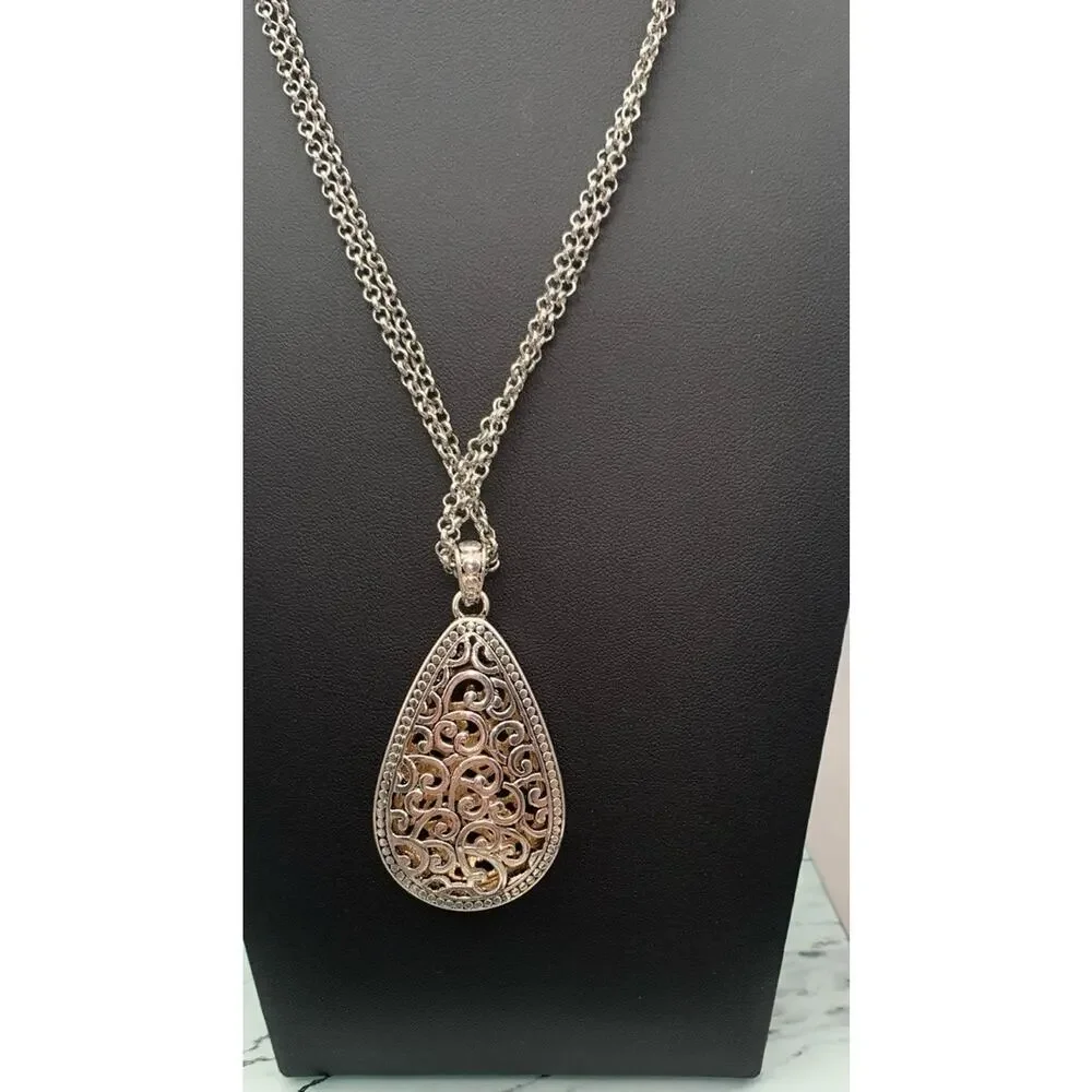 Silver Tone Double Chain‎ Tear Drop Reversible To Gold Tone Pendant Necklace